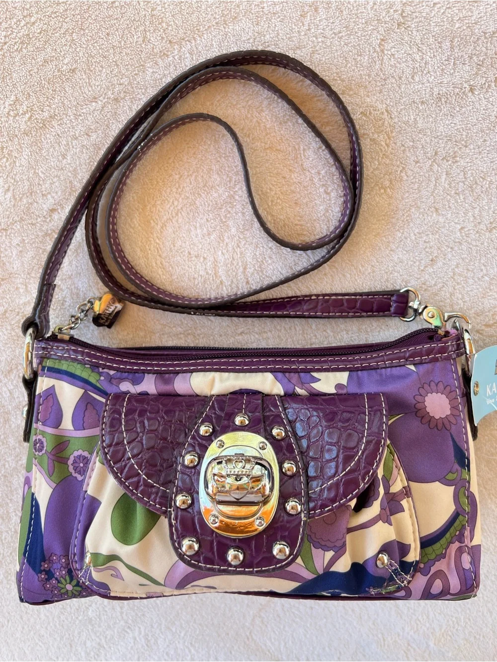 Kathy Van Zeeland Vintage Purple Floral Crossbody Shoulder Bag NWT